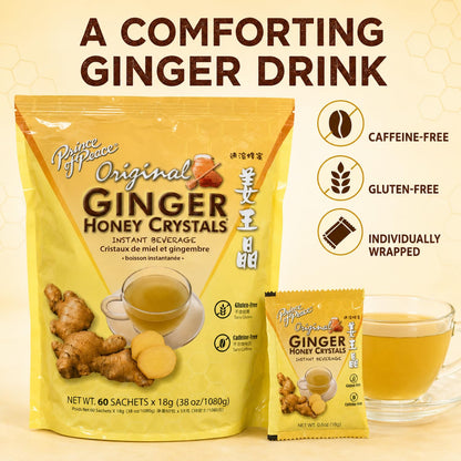 Prince of Peace Instant Ginger Honey Crystals Original, 60 Sachets - – Instant Hot or Cold Beverage that Soothes Throat – Easy to Brew – Drink Like a Tea – Gluten Free – Real Ginger