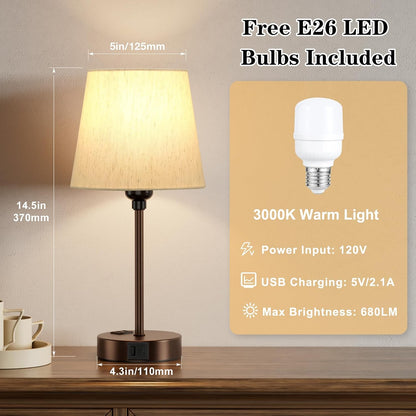 Mini Bedside Lamps for Bedrooms Set of 2 - Nightstand Bedroom Lamps with USB C Port and AC Outlet Charging, Dimmable Touch Small Bed Side Table Lamp, Black Night Stand Light for Kids/Guest Room