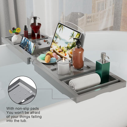 Artmalle Luxury Bathtub Caddy Tray for Tub - Foldable Bamboo Bath Table Tray with Book and Wine Glass Holder, Expandable Bathroom Accessories for Spa or Reading Lite Style