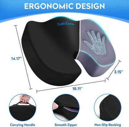 CushZone Seat Cushion - Memory Foam Office Chair Cushion for Sciatica, Tailbone & Back Pain Relief - Orthopedic Coccyx Pillow for Car, Airplane, Pregnancy & Long Sitting at Work, Black