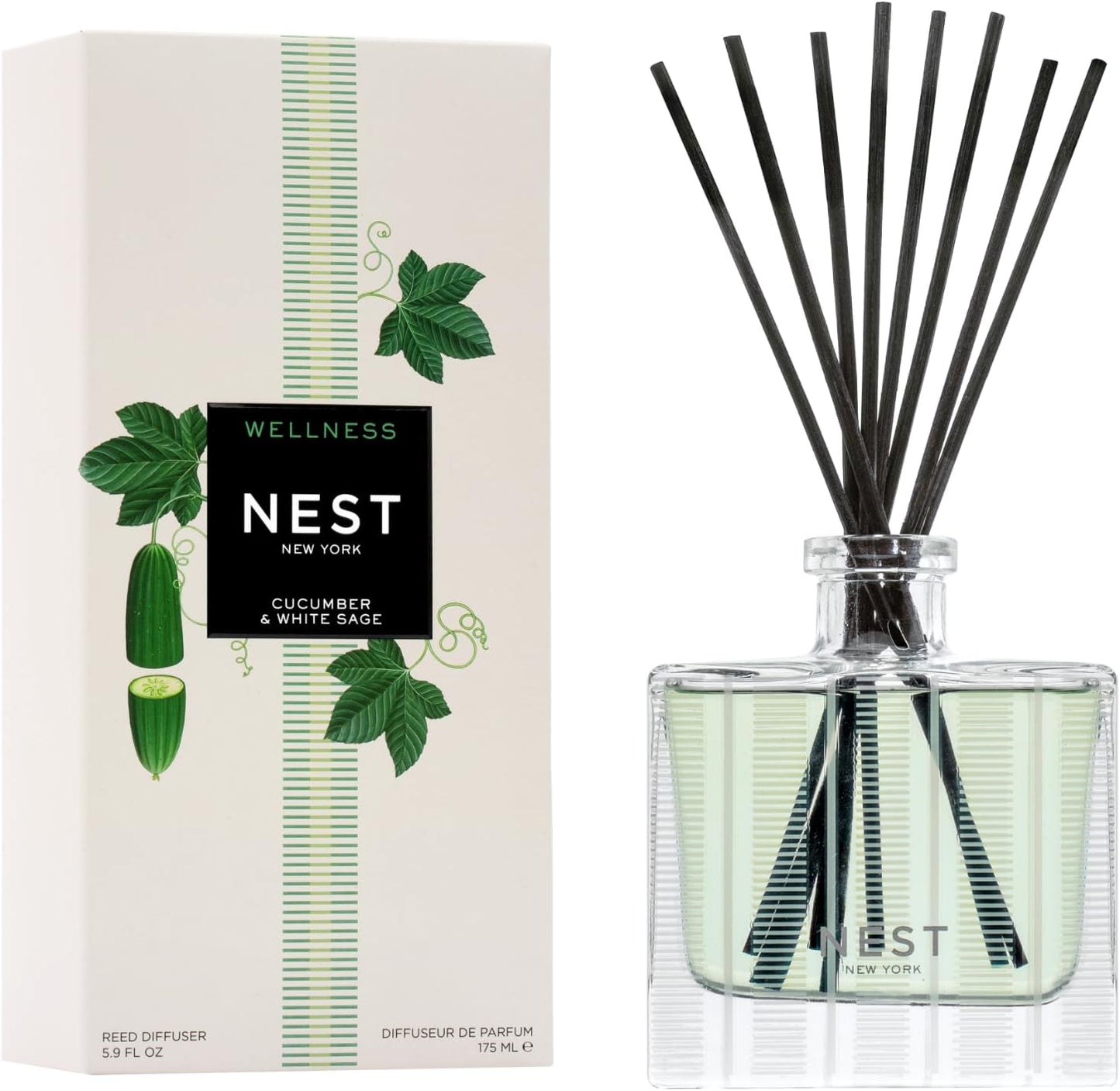 NEST New York Reed Diffuser, Wild Mint & Eucalyptus - 5.9 fl oz - Fragrance for Up to 90 Days - Reusable, Refillable Glass Holder - Includes 8 All-Natural Reed Sticks - Flame Free