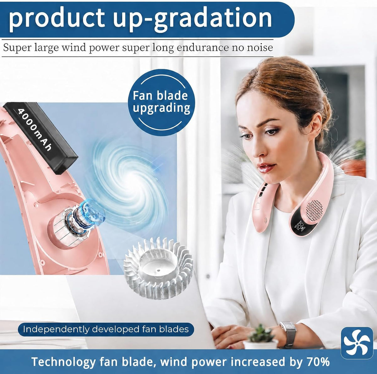 ASNUG Neck Fan, USB Rechargeable Personal Fan, 4000 mAh Battery Operated, 3 Speeds Adjustable, Faster Cooling, Ultra Quiet, Suitable for Home, Office, Travel, Sports