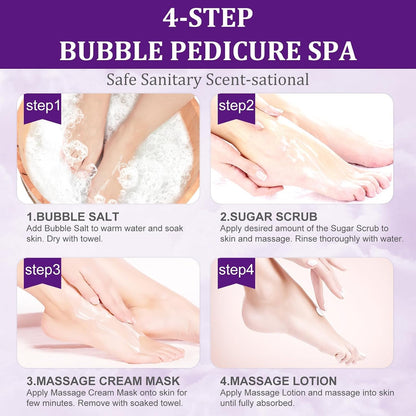 Pedicure Kit Foot Soak Set: Bubble Salt, Sugar Scrub, Massage Mask, Massage Lotion in a Box, 4 Step Foot Spa Kit for Dry Feet, Softens Calluses, Tired Feet（ Lavender) - Colors B