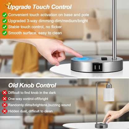 Set of 2 Industrial Touch Control Table Lamps with USB C+A Ports and AC Outlet - 3-Way Dimmable Black Bedside Lamps Nightstand Desk Lamps for Bedroom Living Room, Glass Shade & 2 LED Bulbs Included