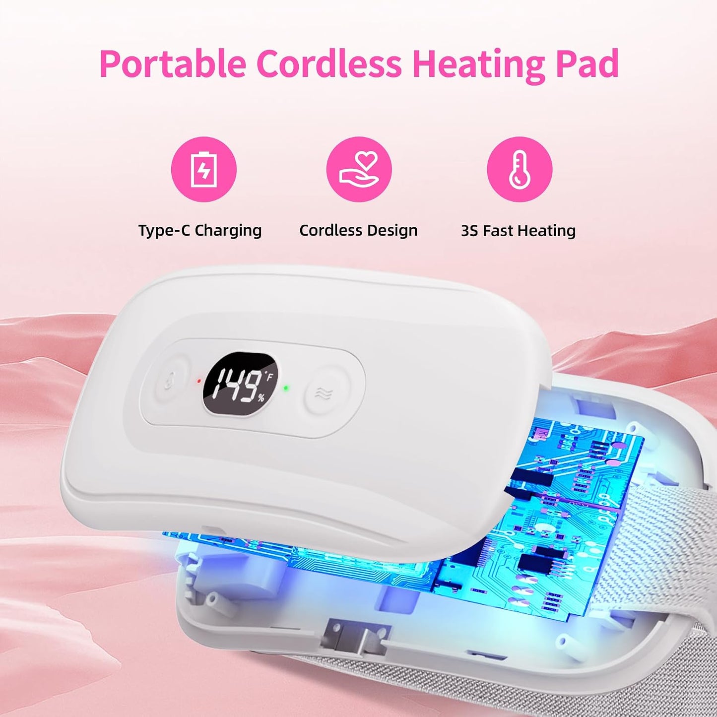 Portable Heating Pad: 2 Timer 6 Heat Levels 6 Vibration Modes Cordless Electric Heating Pad 3s Fast Heating Travel Heating Pad Gifts for Women Christmas Birthday Pink