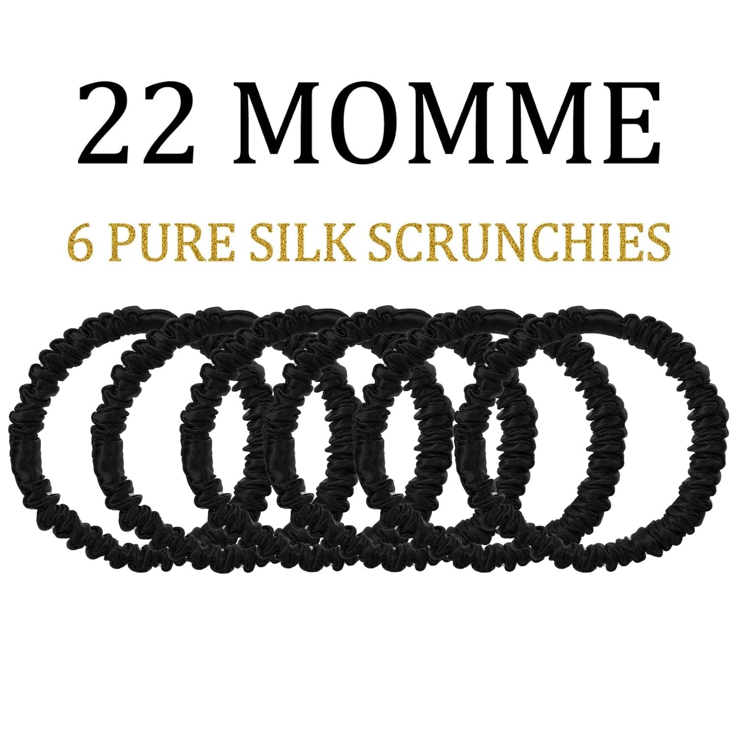 22 Momme 6PCS 100% Mulberry Silk Hair Ties Small Silk Scrunchies for Women Girls Curly Thick Thin Hair .Women's Black Cute Satin Sleepy Bulk Hair Tie Scrunchie Sleep
