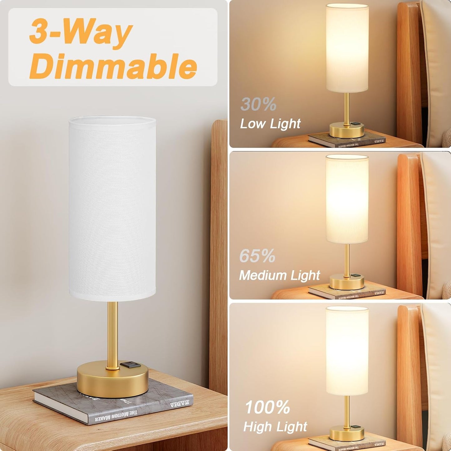 Dicoool Touch Table Lamp for Bedroom, 3 Way Dimmable Bedside Lamp with USB C & A Charging Ports - Small Desk Lamp for Dorm Room, College, Kids, Office, Living Room, White