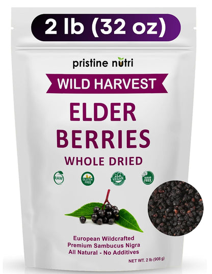 Elderberries Dried Bulk | Whole European Elderberry Dried, Wildcrafted All Natural | Non-GMO, Non-irradiated | Immunity Booster Antioxidants and Vitamins | Make Syrup, Tea| 2 lb (32 oz)