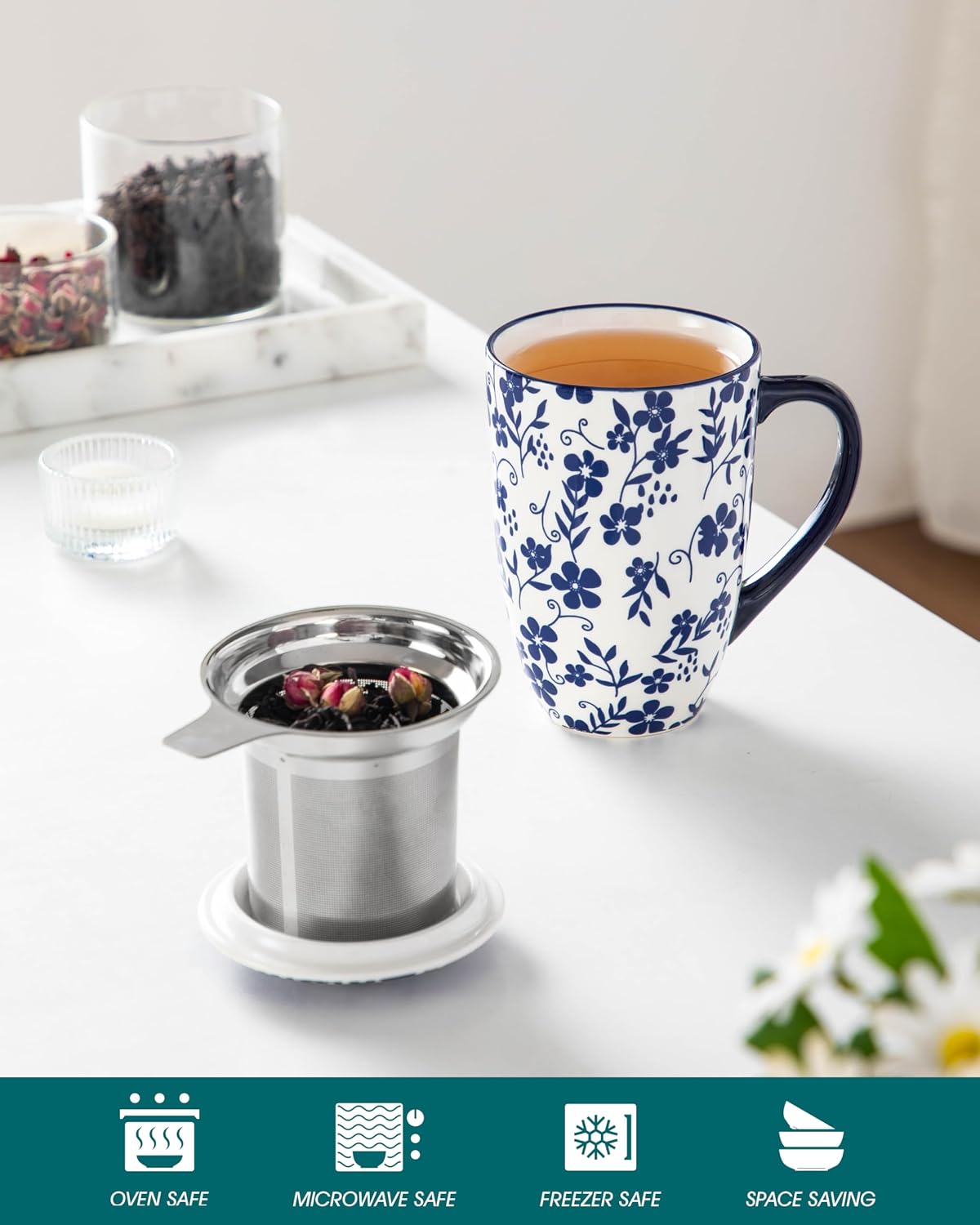 vancasso SELENE Porcelain Tea Mug, 18 oz Porcelain Tea Cup with Infuser and Lid Steeps Loose Leaf Tea, Microwave & Dishwasher Safe, Blossom Cluster