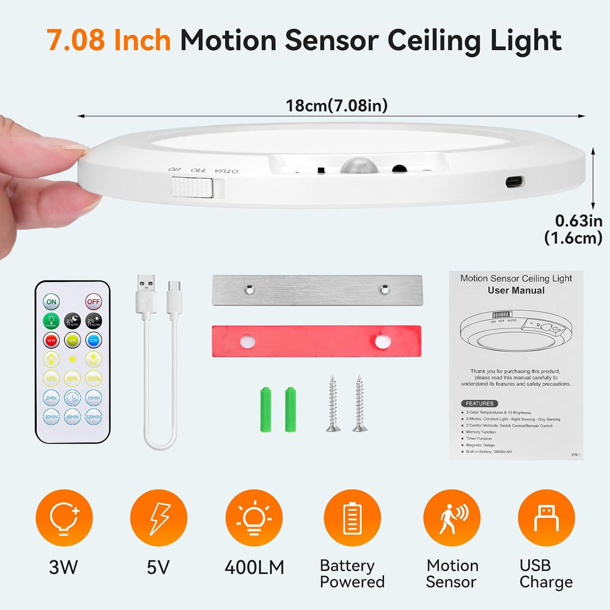 Rechargeable Ceiling Light with Remote, 10000mAh