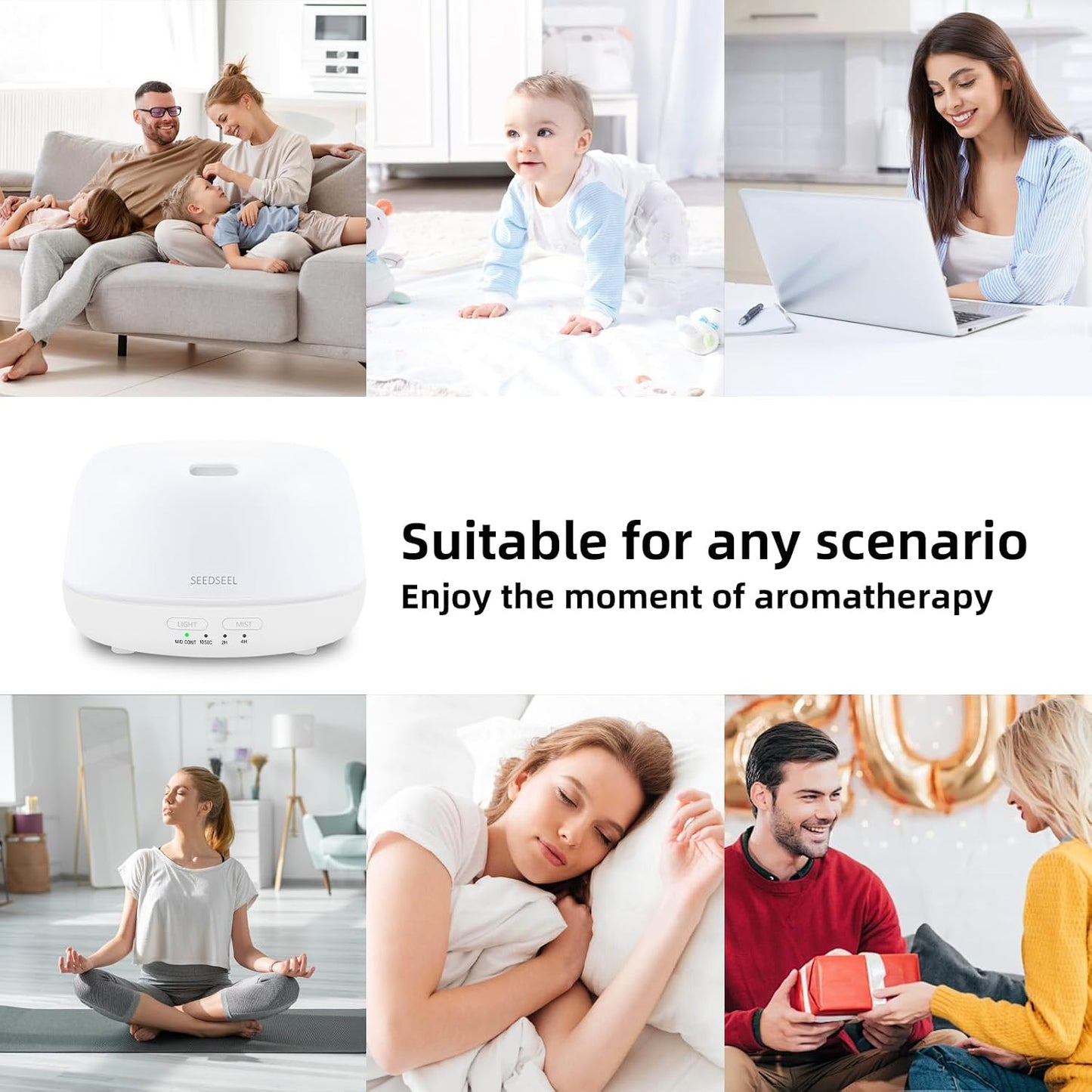 SEEDSEEL 300ML Essential Oil Diffuser with 7-Color LED Lights and Remote Control, Modern Minimalist Design, High-Efficiency Ultrasonic Mist Aromatherapy Diffuser for Home