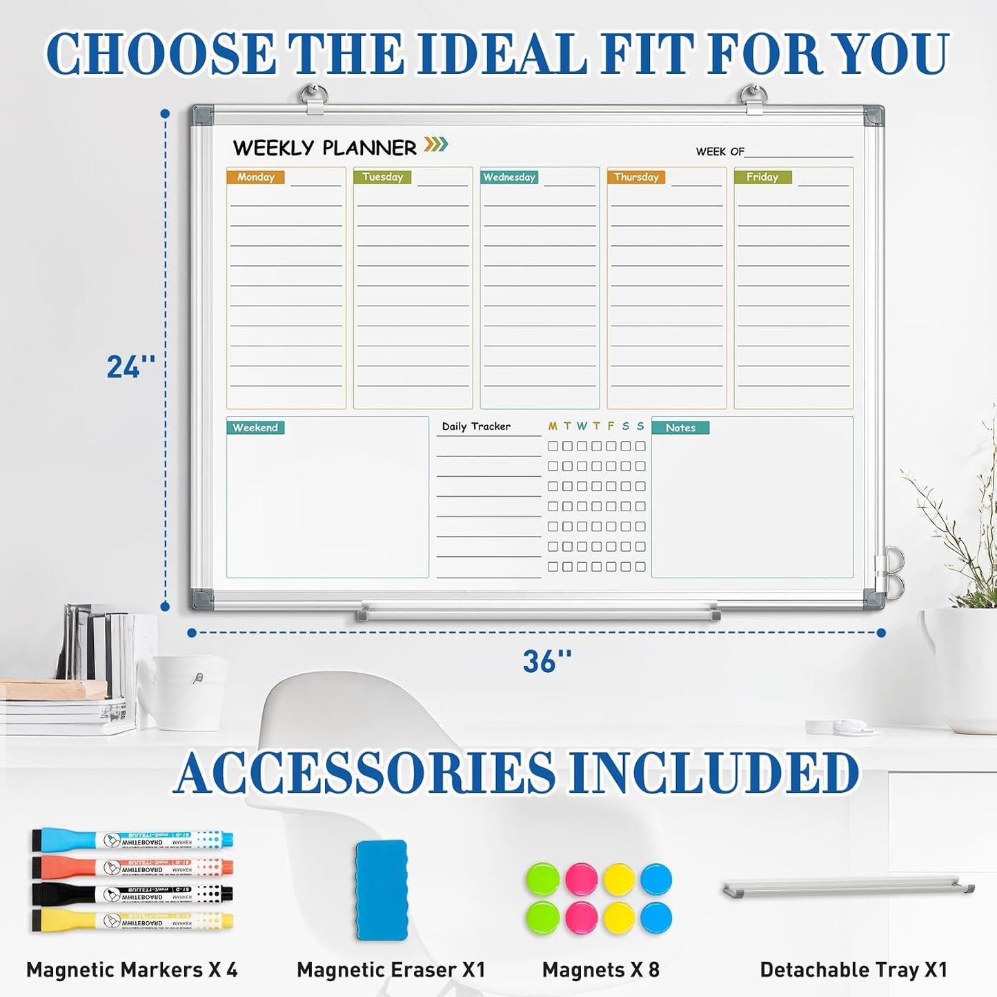 WALGLASS Weekly Dry Erase Calendar Whiteboard for Wall, 24" x 18" Double-Sided Weekly Planner White Board with Notes, Daily Tracker, Aluminum Framed Hanging & Wall Mount for Home, Office, School