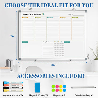 WALGLASS Weekly Dry Erase Calendar Whiteboard for Wall, 24" x 18" Double-Sided Weekly Planner White Board with Notes, Daily Tracker, Aluminum Framed Hanging & Wall Mount for Home, Office, School