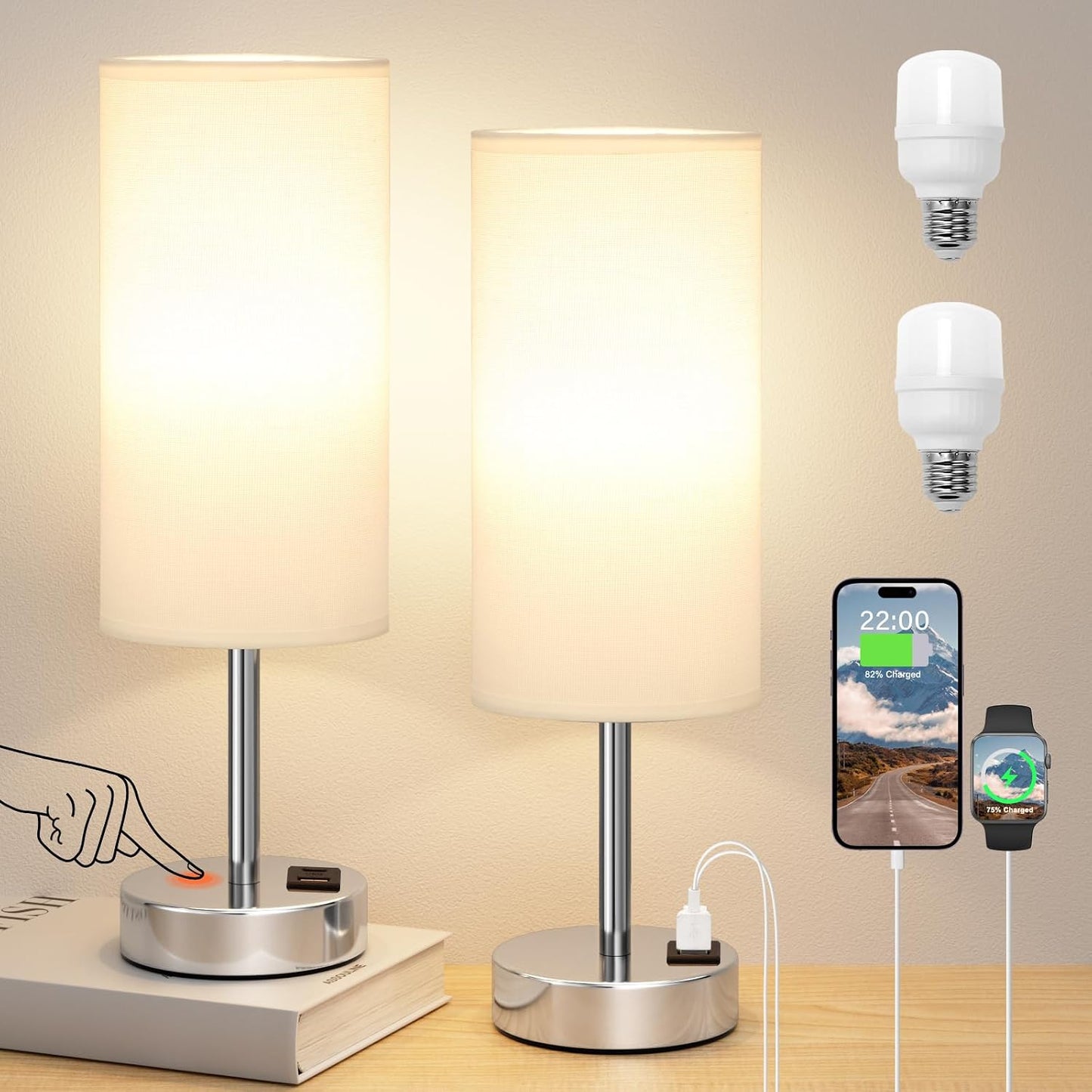 Dicoool Touch Table Lamp for Bedroom, 3 Way Dimmable Bedside Lamp with USB C & A Charging Ports - Small Desk Lamp for Dorm Room, College, Kids, Office, Living Room, White