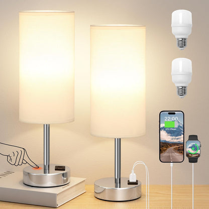 Dicoool Touch Table Lamp for Bedroom, 3 Way Dimmable Bedside Lamp with USB C & A Charging Ports - Small Desk Lamp for Dorm Room, College, Kids, Office, Living Room, White