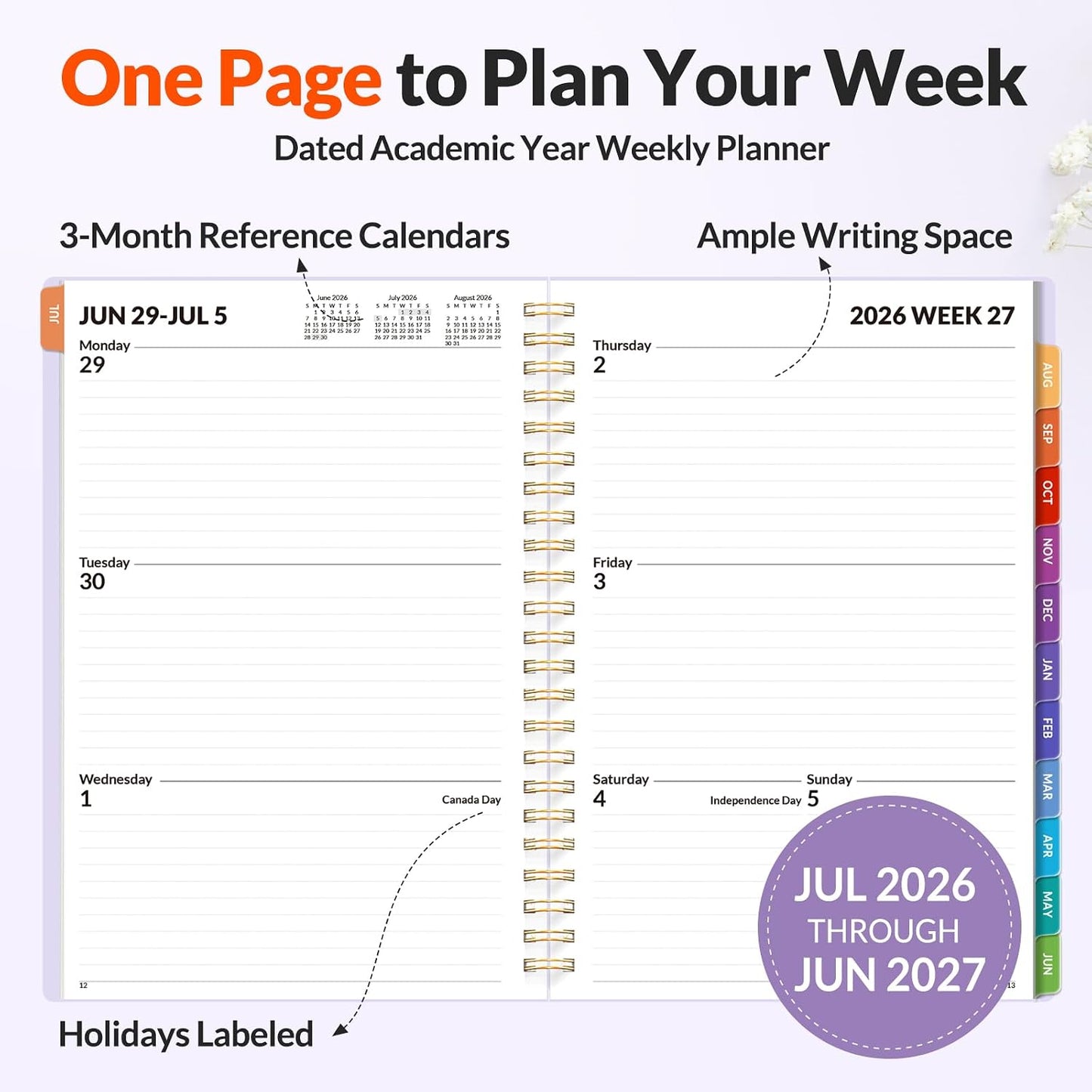 SUNEE Academic Planner 2026-2027 – Weekly & Monthly Planner, July 2026 to June 2027, 6.4"x8.3", Thick Paper, Tabs, Pockets, Bookmark, Spiral-Bound, Student Teacher Organizer, Black
