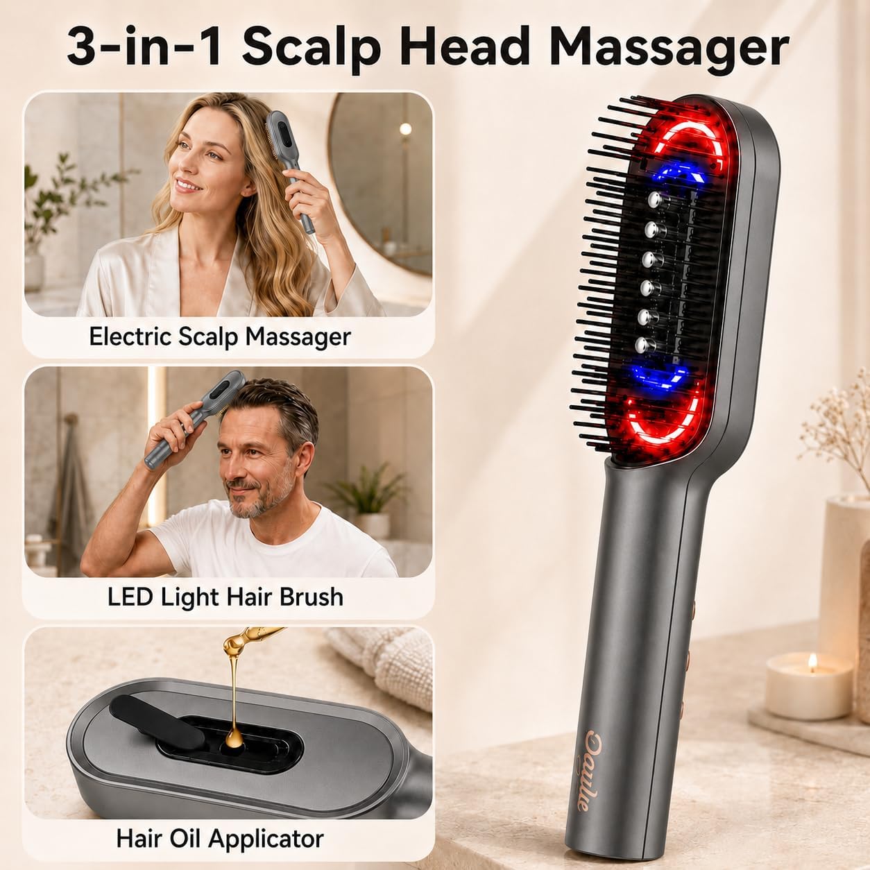 Dayln Electric Scalp Massager Hair Oil Applicator, Cordless Vibration Head Massager, Red Light Hair Brush, Deep Clean Comb for Home & Travel Silver