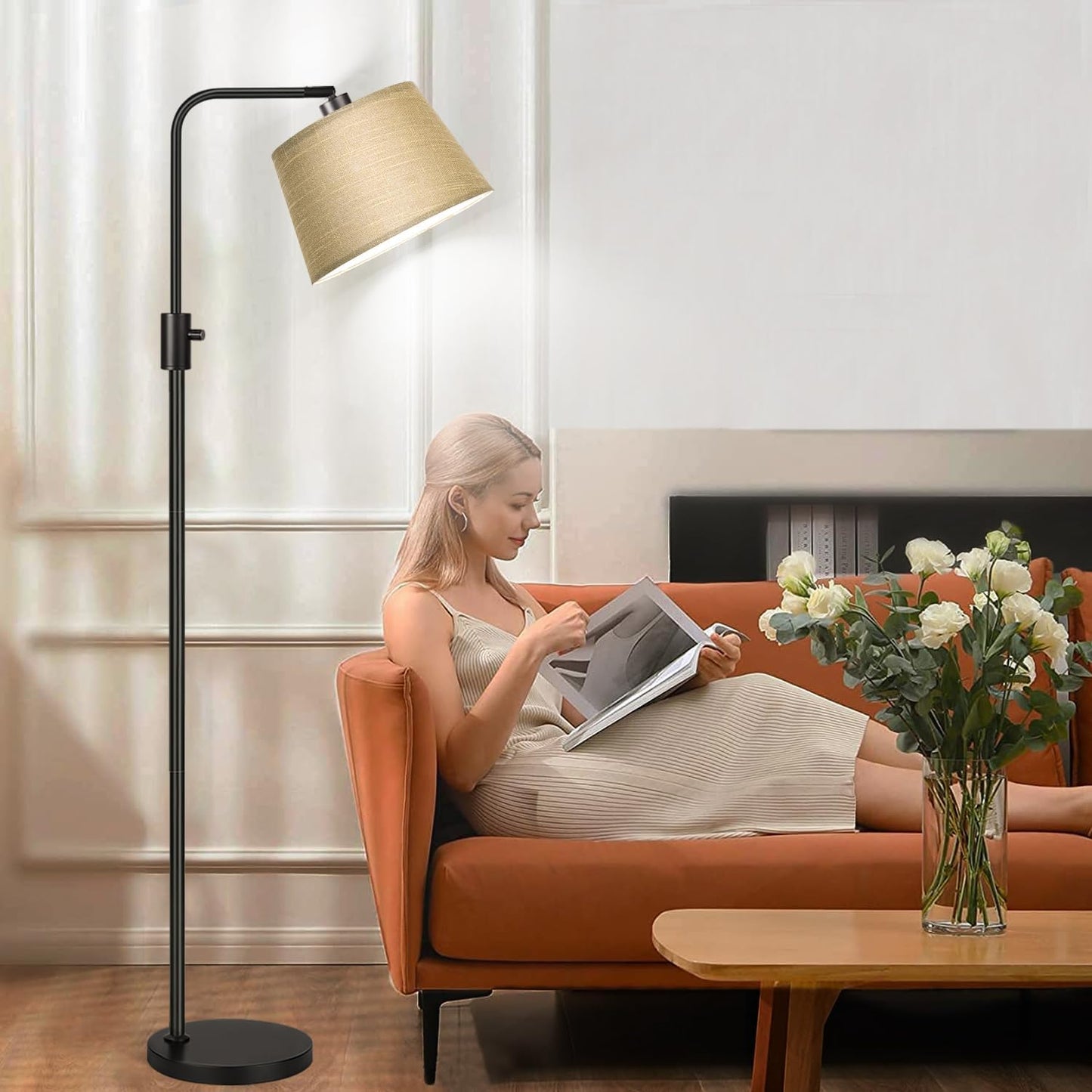 【Upgraded】 Dimmable Floor Lamp, 1000 Lumens LED Edison Bulb Included, Arc Floor Lamps for Living Room Modern Standing Lamp with Linen Shade, Tall Lamp for Bedroom Office Dining Room- Black