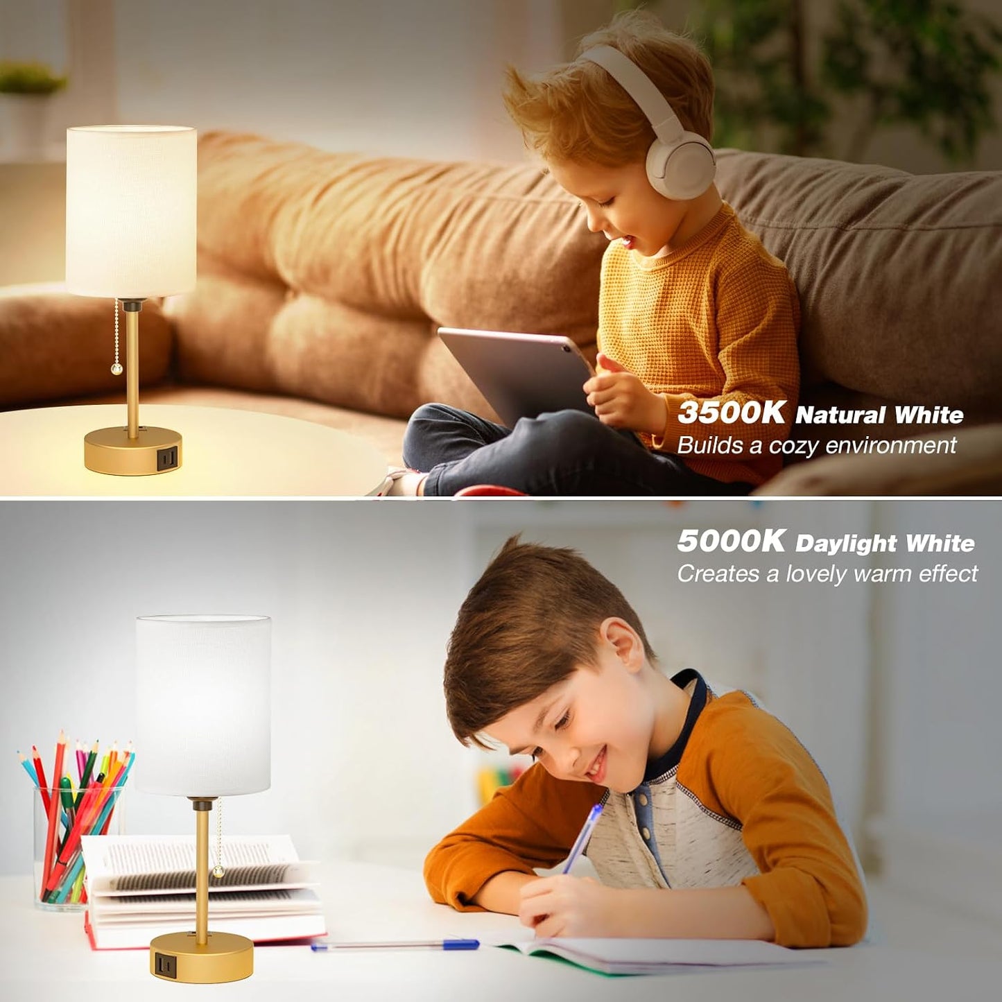 Small Bedside Table lamp for Bedroom - 3 Color Temperatures Bedside Lamps with USB C and A Ports, Pull Chain Table Lamps with AC Outlet, White Nightstand Lamps with Black Metal Base for Kids Reading