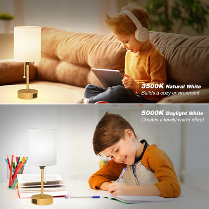 Small Bedside Table lamp for Bedroom - 3 Color Temperatures Bedside Lamps with USB C and A Ports, Pull Chain Table Lamps with AC Outlet, White Nightstand Lamps with Black Metal Base for Kids Reading