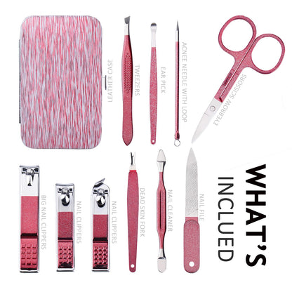 HANTEKAS Manicure Set 10 in 1 Stainless Steel, Nail Clippers Scissors Pedicure Tools Kit - Portable Travel Grooming Kit for Men and Women with Leather Case (Jade Green)