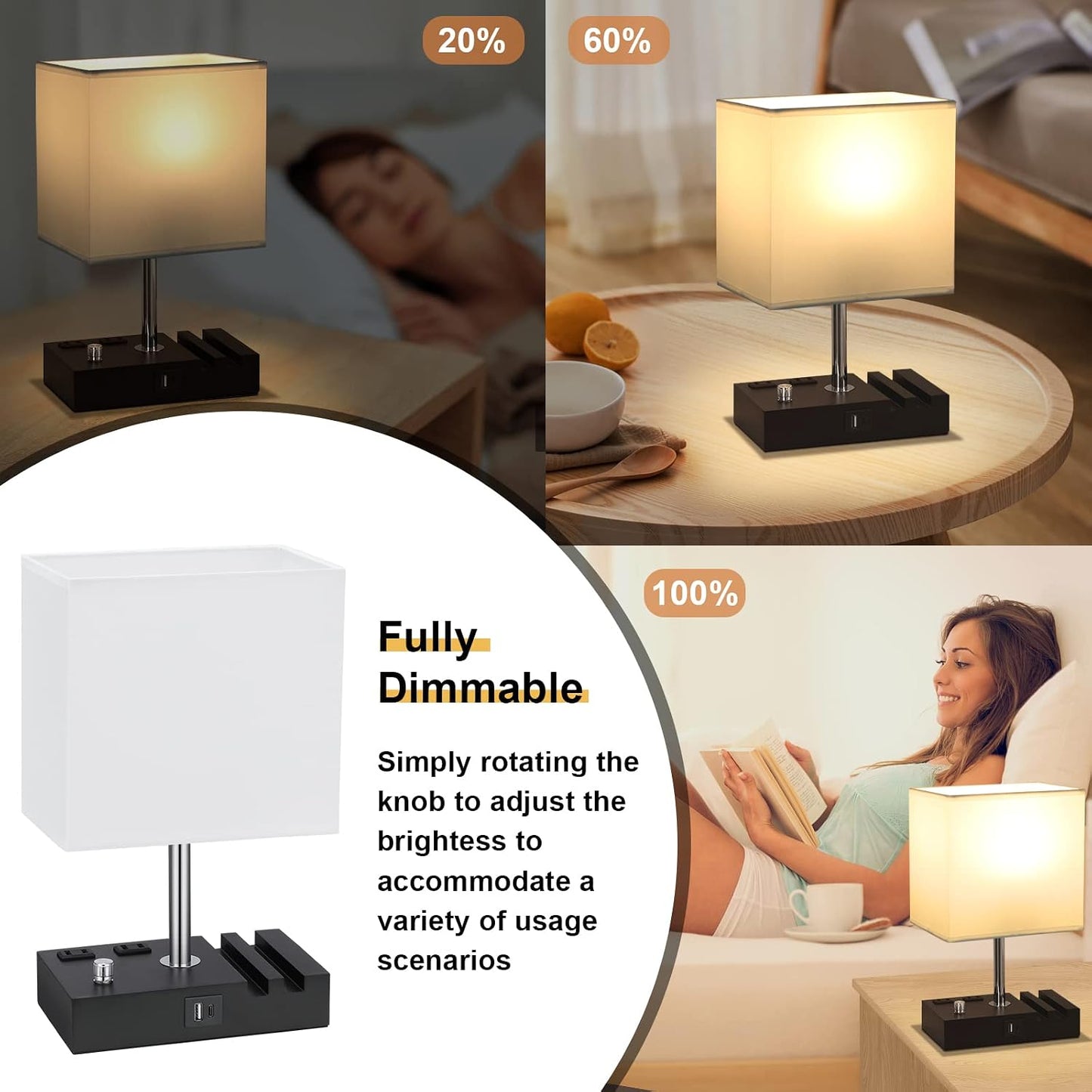 Kakanuo Fully Dimmable Nightstand Lamp for Bedroom with USB C Ports, Grey Small Bedside Table Lamp with Charging Outlets and Phone Stands, Wooden Desk Lamp for Living Room, LED Bulb Included