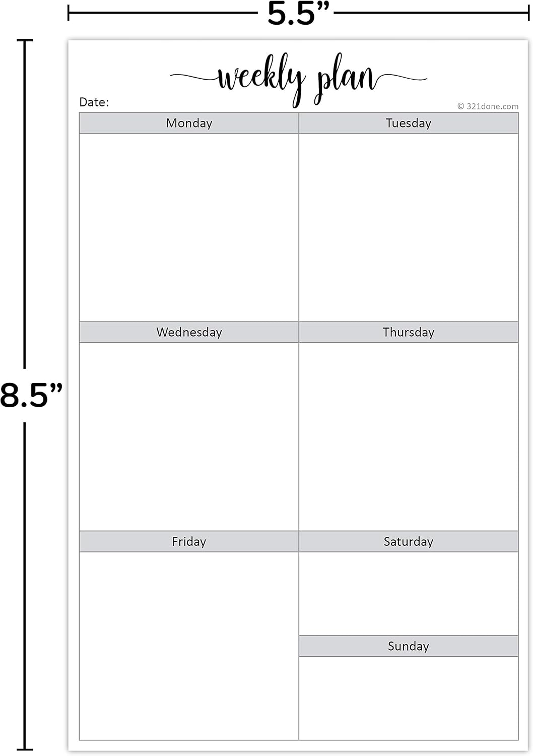 321Done Weekly Checklist Notepad, 5.5x8.5 Size Pad - 50 Tear-Off Sheets, Undated Monday-Sunday Schedule, Daily Task Planner for Home, Office & Student Use - Made in USA