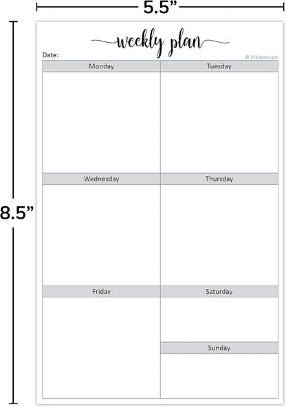 321Done Weekly Checklist Notepad, 5.5x8.5 Size Pad - 50 Tear-Off Sheets, Undated Monday-Sunday Schedule, Daily Task Planner for Home, Office & Student Use - Made in USA