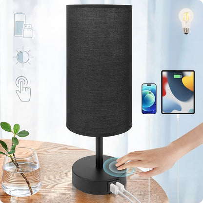 Yarra-Decor Bedside Table Lamp with USB Ports - Touch Control for Bedroom 3 Way Dimmable Nightstand Lamp with Round Fabric Shade for Living Room, Dorm, Home Office, Corded Electric, Without Battery