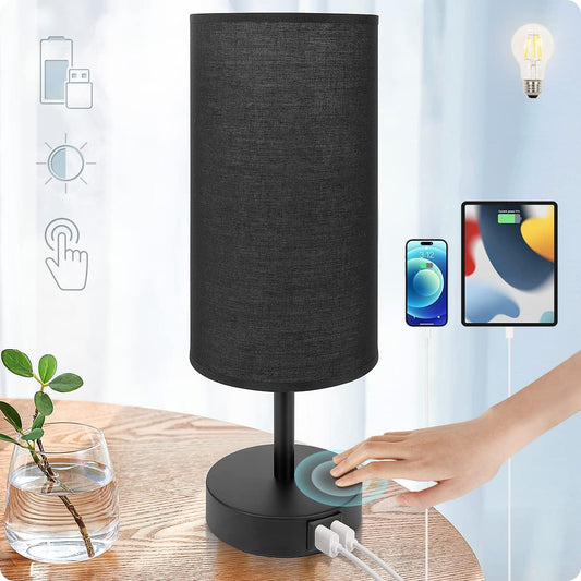 Yarra-Decor Bedside Table Lamp with USB Ports - Touch Control for Bedroom 3 Way Dimmable Nightstand Lamp with Round Fabric Shade for Living Room, Dorm, Home Office, Corded Electric, Without Battery