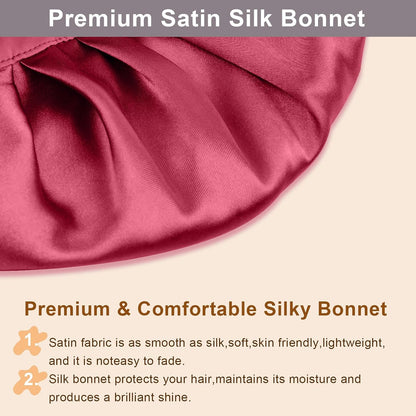 2Pcs Silk Hair Satin Bonnet for Sleeping Women,Large Satin Sleep Bonnets for Women with Elastic Tie Band Silk Hair Wrap with Ajustable Straps,Night Sleep Cap for Curly Braids,Black+Rose Gold