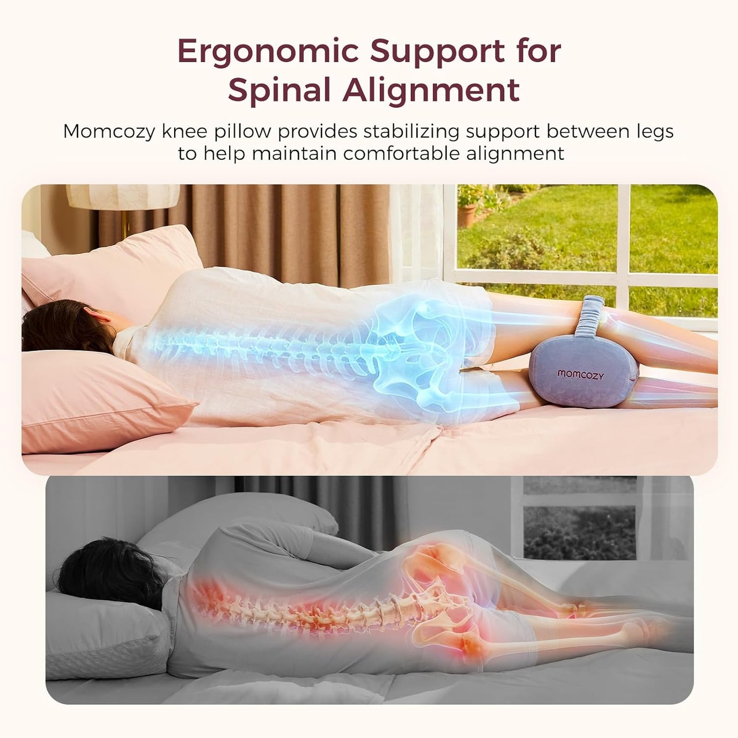 Momcozy Knee Pillow for Side Sleepers, Soft Memory Foam & Pinch-Free Design, Relieve Knee, Leg and Sciatica Pain, Adjustable Elastic Strap Ideal for Pregnant Women and Seniors, White