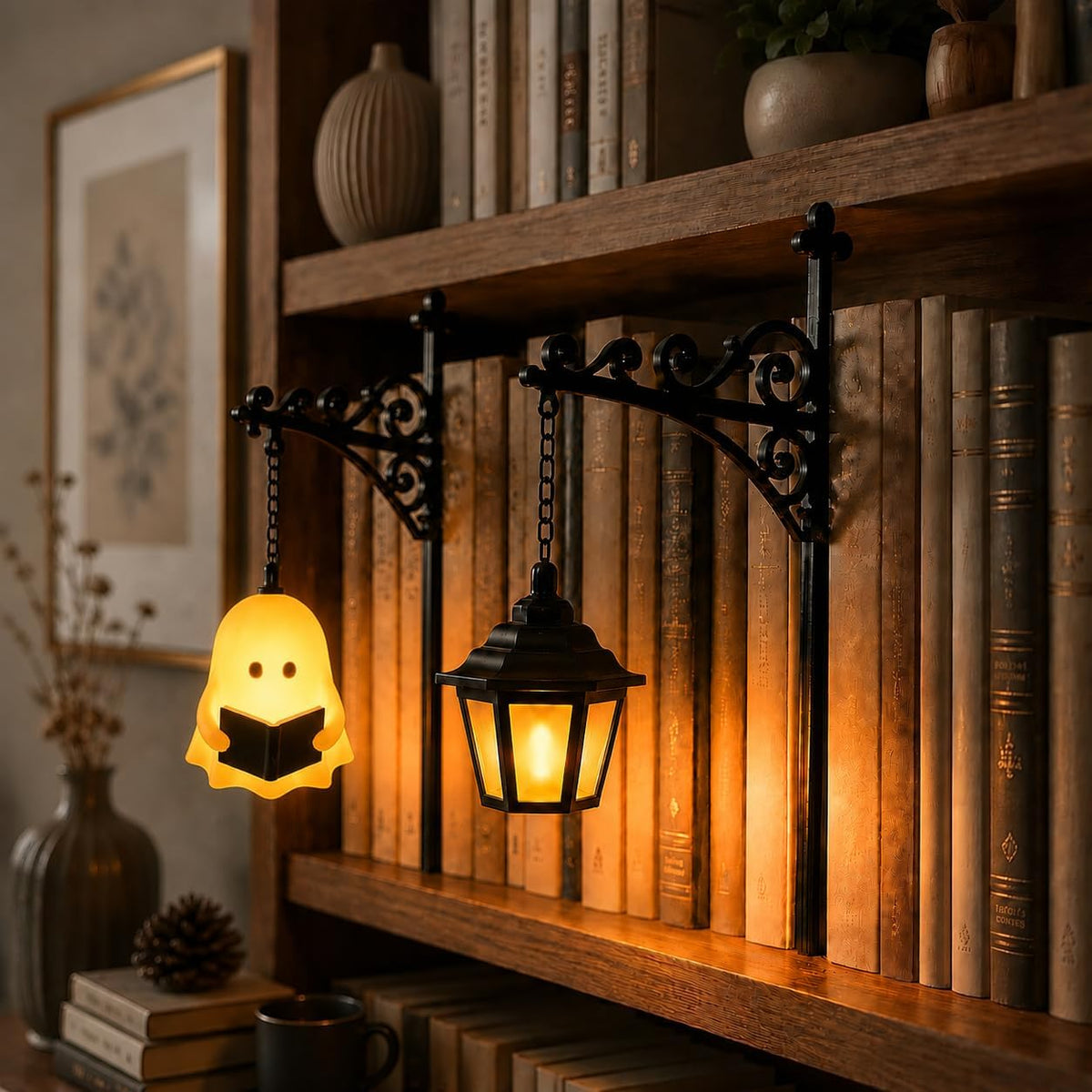 Library Lantern-Decorative Bookshelf Lighting, Mini Bookshelf Lamp Slides Between Books, Warm Amber LED Nook Light & Bookshelf Lantern for Book Nook, Shelf Decor Gift for Book Lovers(Reading Ghost)