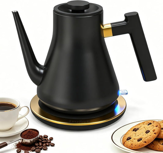 Gooseneck Electric Kettle 1000W | Pour Over Coffee Kettle with Steady Flow Spout & Balanced Handle, 0.8L Matte Black Tea Kettle for Home Barista Espresso Station Countertop- Black