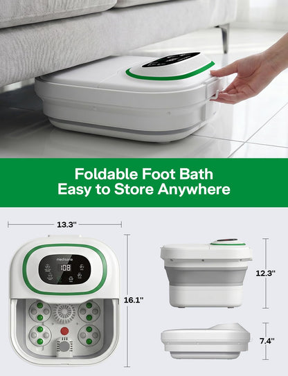 Medisana Collapsible Foot Spa, Foot Bath with Bubble, Heat, Red Light, Massage Rollers, Remote Control, Pedicure Foot Spa with 6 Motorized Rollers & 24 Massage Beads, Foot Soaking Tub for Relaxation