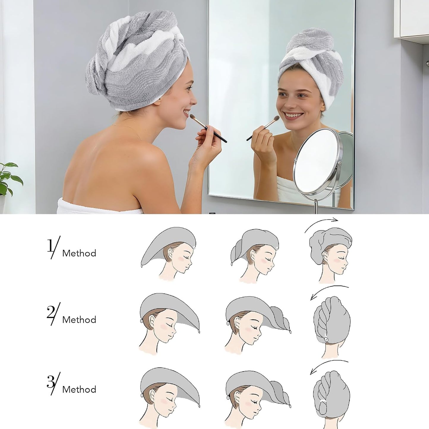 SINLAND Microfiber Hair Drying Cap Hair Towel Turban Twist for Women Fast Drying Towels Head Turban Absorbent Soft Lightweight 3 Pack Black