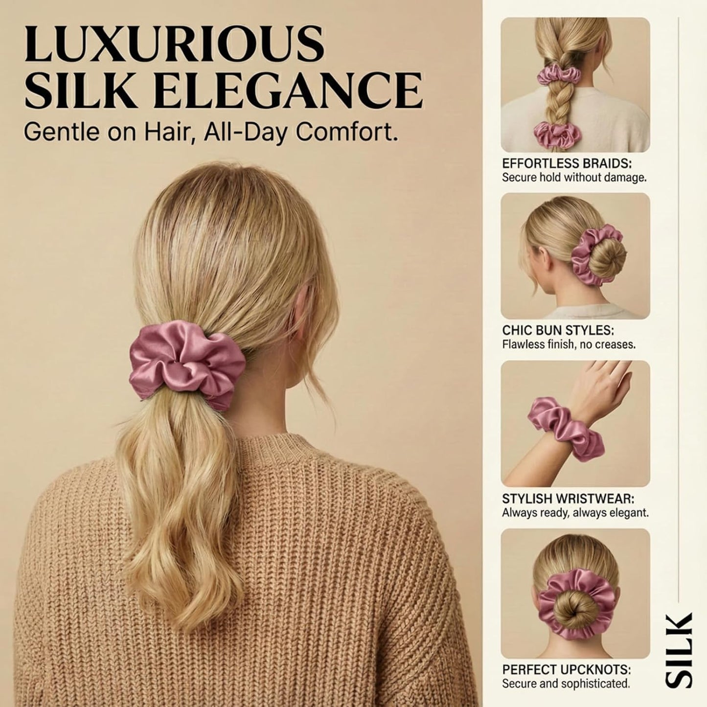 Silmer 22 Momme Silk Pillow Scrunchie Air, Oversized Lightweight Mulberry Silk Hair Tie with High Elasticity, Soft Padded No Crease Ponytail & Sleep Holder (Dusty Rose, 1Pc)