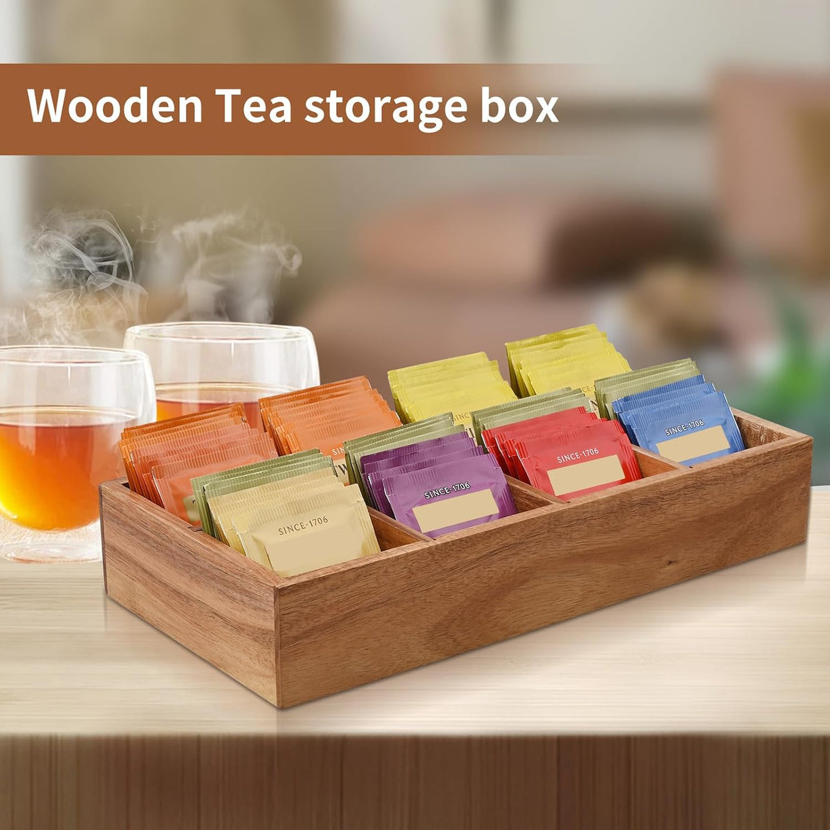 Acacia Wood Tea Bag Organizer with 8 Slots – Tea Bag Holder and Tea Organizer, Sugar Packet Storage for Countertops