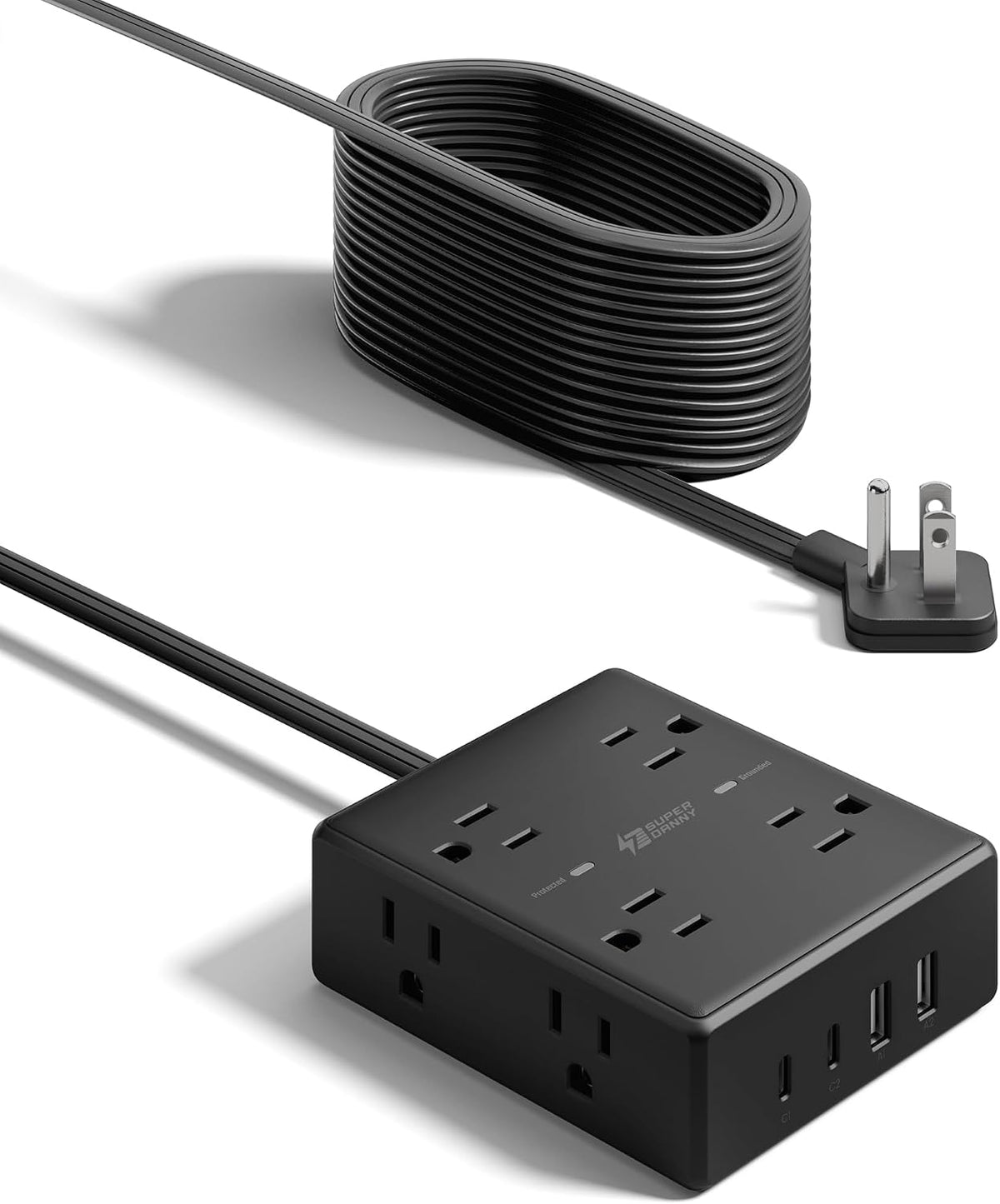 SUPERDANNY Extension Cord,Flat Plug Surge Protector Power Strip,10Ft