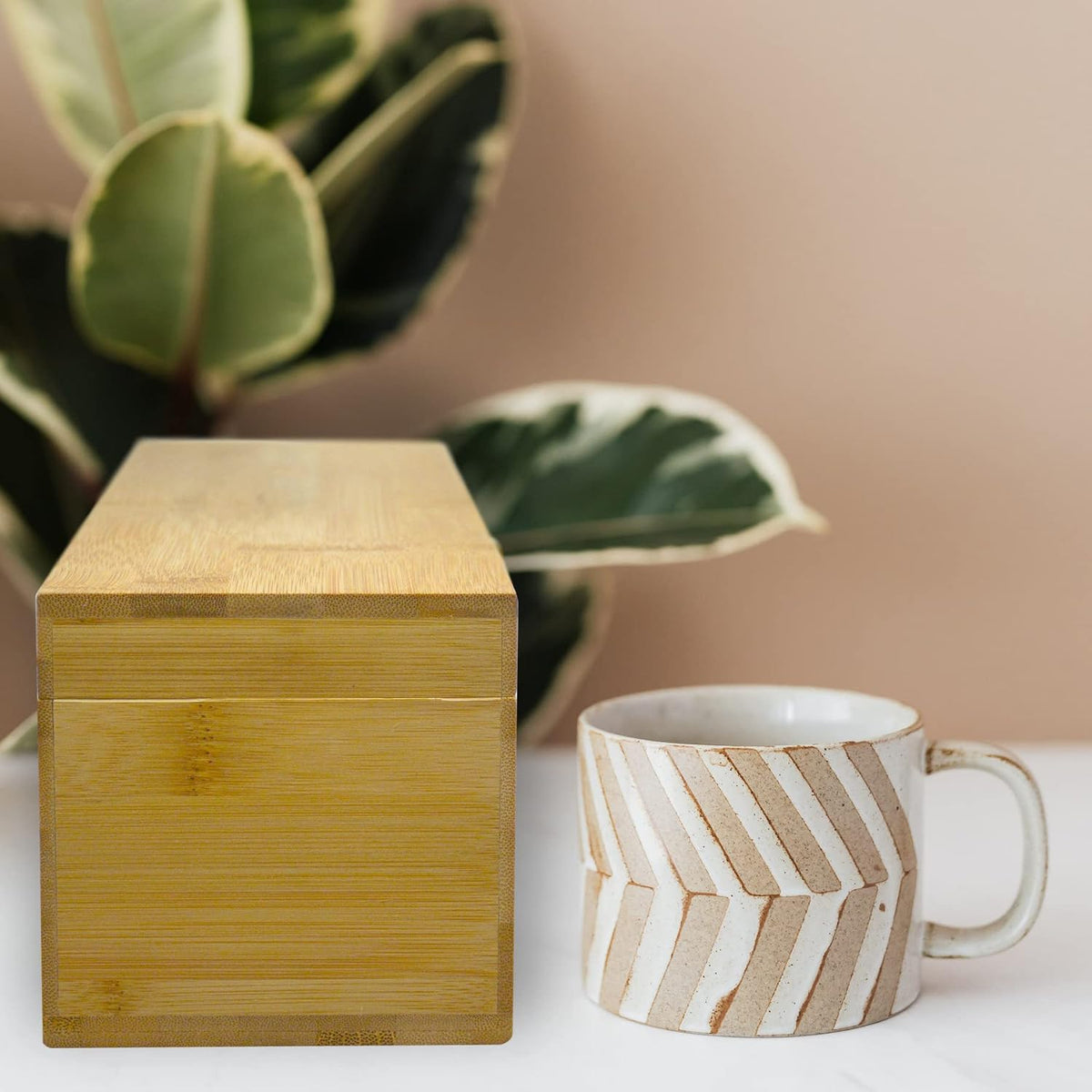 Tea Organizer Box Food Safe Chemical Free Bamboo Wood Storage Chest Big, Tall, Adjustable Cubbies (8-Slot 14.3" x 8.1" x 4.2" with TEA print design)