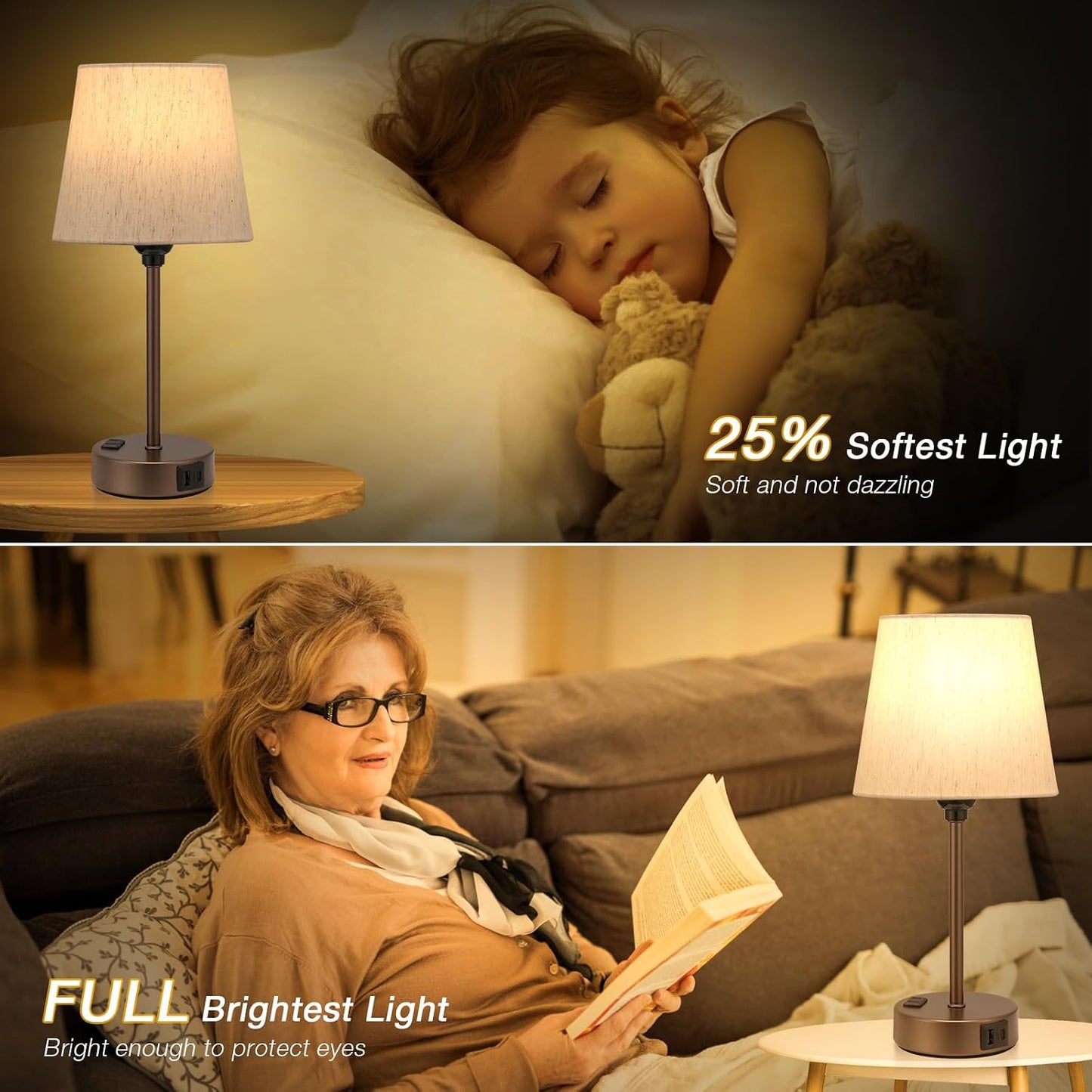 Mini Bedside Lamps for Bedrooms Set of 2 - Nightstand Bedroom Lamps with USB C Port and AC Outlet Charging, Dimmable Touch Small Bed Side Table Lamp, Black Night Stand Light for Kids/Guest Room