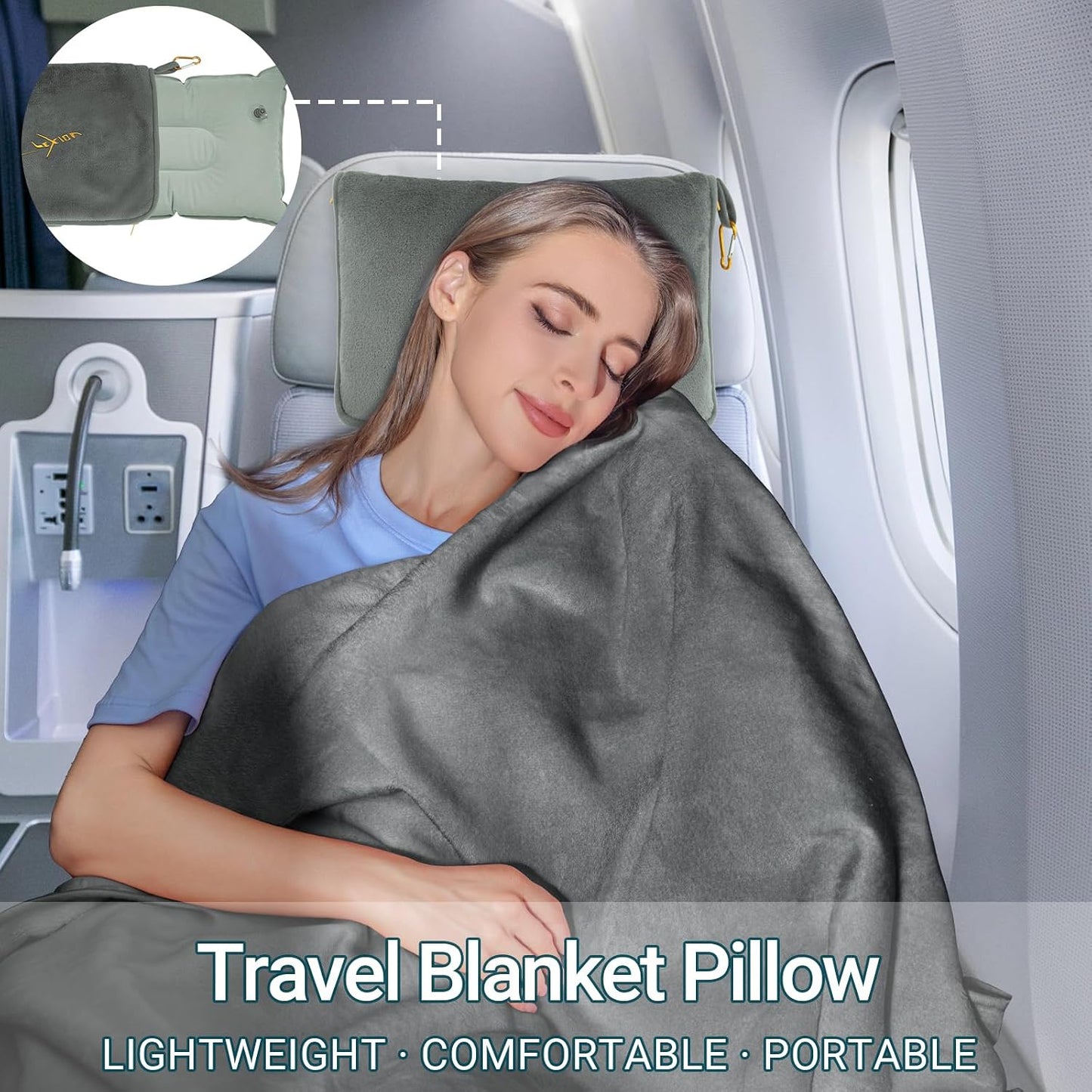 Compact Travel Blanket for Airplane, Premium Soft 2-in-1 Blanket with Pillowcase and Carry Bag, Lightweight Travel Essentials with Luggage Sleeve and Backpack Clip, Mint Green