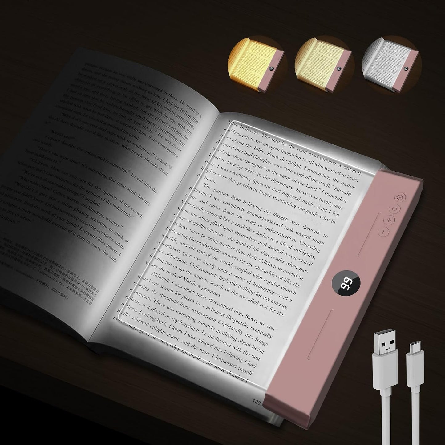 easuntec Book Light, Rechargeable Reading Light with Eye Protection - 3 Color Temps Timer Dimmable, Book Lights for Reading at Night, Flat Book Lights Gifts for Book Lovers Students Readers (Black)