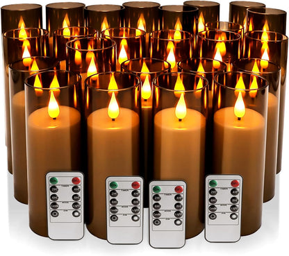 24 Pcs LED Flameless Candles with Remote, 3D Flickering Flame & LED String Lights, Acrylic Clear Cylinder, Timer Function, Romantic Ambience for Home Decor, Party, Wedding (Ivory).