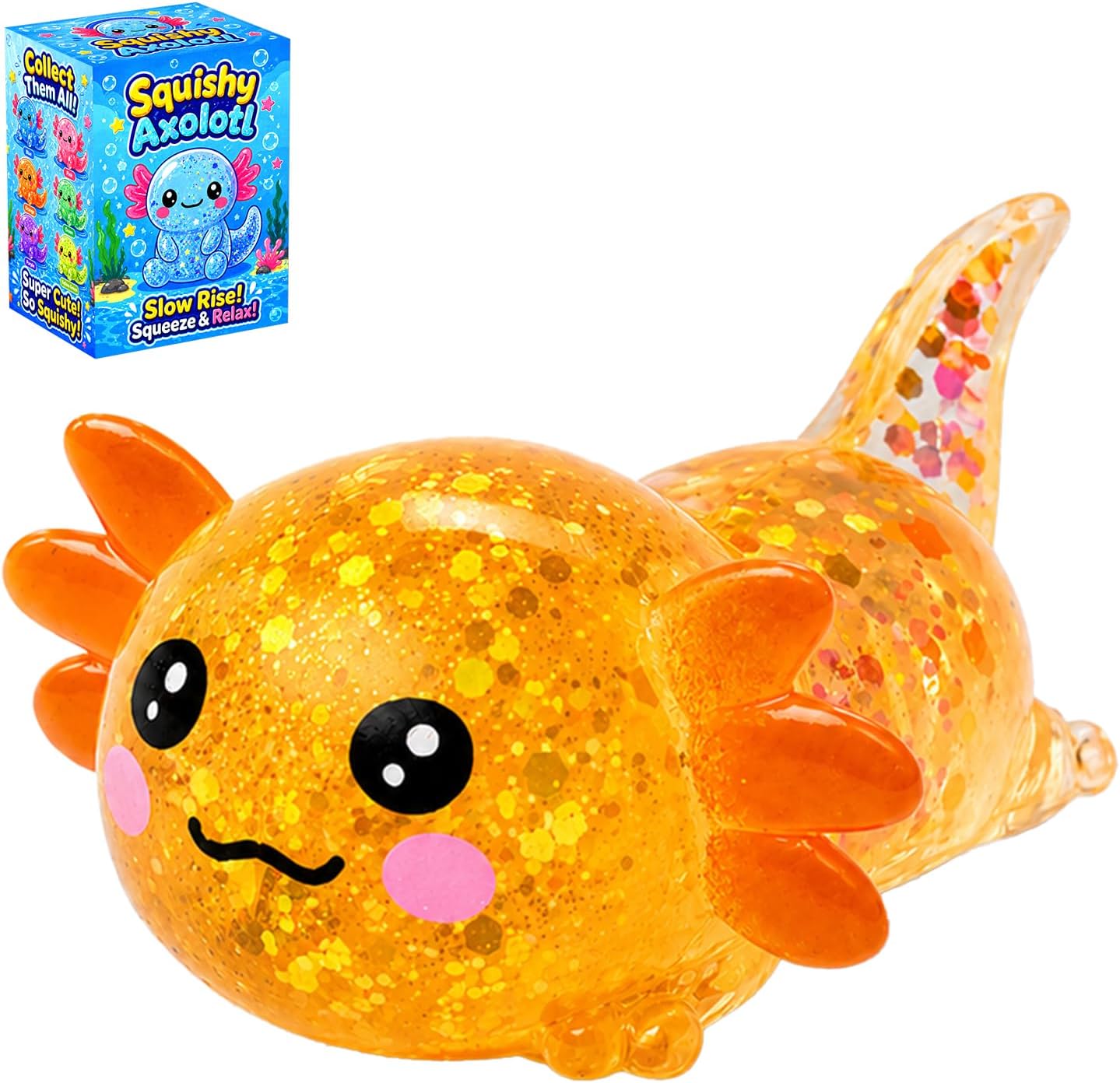 Axolotl Squishy Toy, Cute Glitter Stress Relief Fidget Toy, Soft Squeeze Sensory Toy for Kids Adults, Axolotl Squishy Stress Ball Anxiety Calming Desk Toy Party Favor Handheld Fidget (Yellow)
