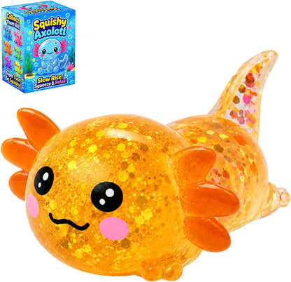 Axolotl Squishy Toy, Cute Glitter Stress Relief Fidget Toy, Soft Squeeze Sensory Toy for Kids Adults, Axolotl Squishy Stress Ball Anxiety Calming Desk Toy Party Favor Handheld Fidget (Yellow)