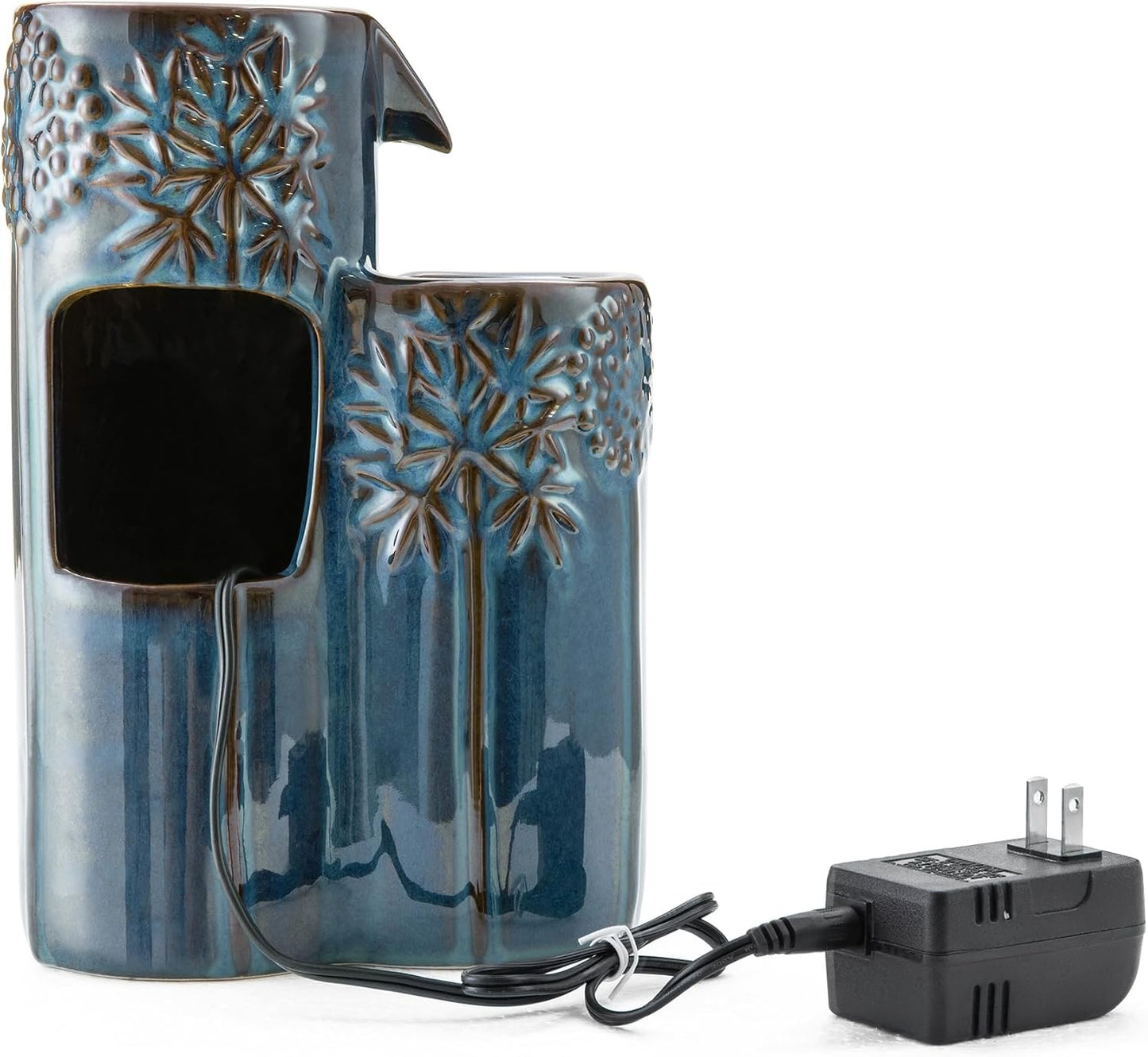 Glitzhome Ceramic Tabletop Tiered Water Fountain with Pump and LED Light 8.75'' Turquoise Leaf Textured Water Fountain Zen Decor for Indoor and Home Decoration Table Desk Office Patio
