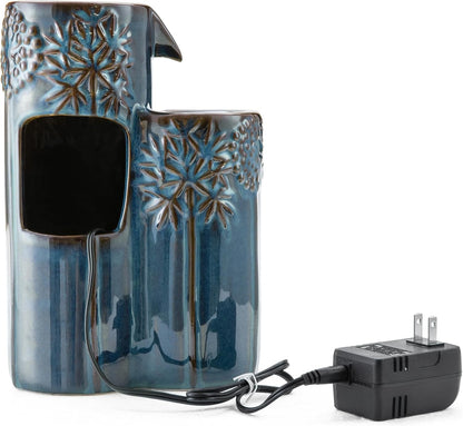 Glitzhome Ceramic Tabletop Tiered Water Fountain with Pump and LED Light 8.75'' Turquoise Leaf Textured Water Fountain Zen Decor for Indoor and Home Decoration Table Desk Office Patio