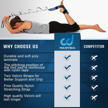 Foot and Calf Stretcher for Plantar Fasciitis, Achilles Tendonitis, Heel Spurs, Drop Foot. Yoga Stretching Strap for Leg, Thigh and Hamstring (Blue)