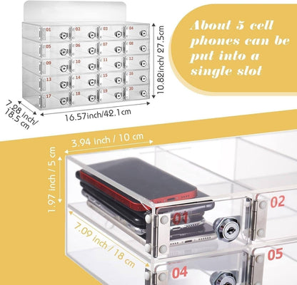 Transparent Acrylic Wallmounted Phone Charging Station 30 Slots Lockable with Keys Nized Storage for Mobile Devicesideal for OfficesHomes,One Color-25Slots